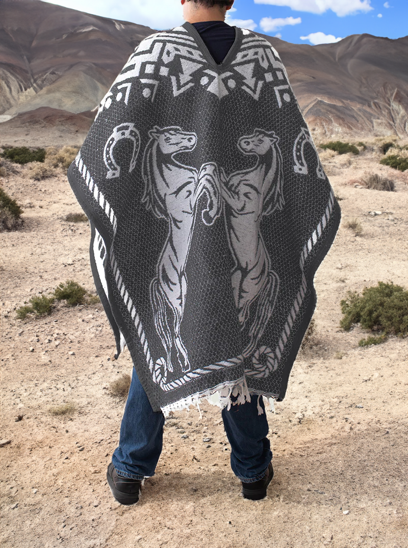 Men's Mexican Poncho - Two Horses - GREY