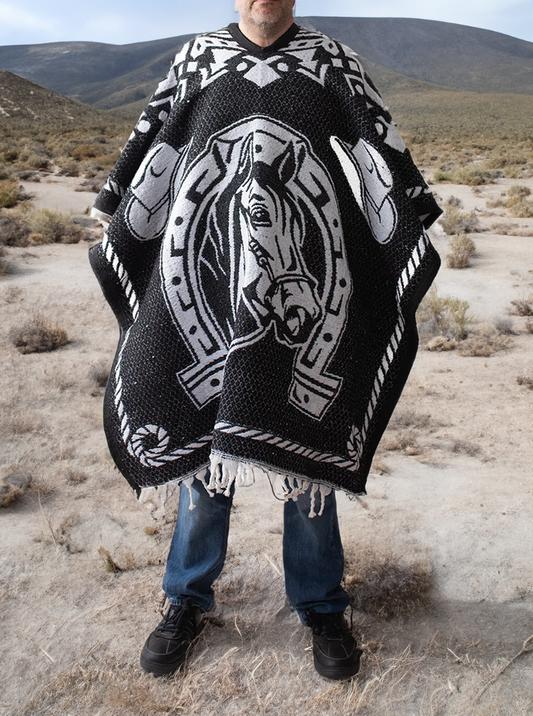 Men's Mexican Poncho - Two Horses - BLACK