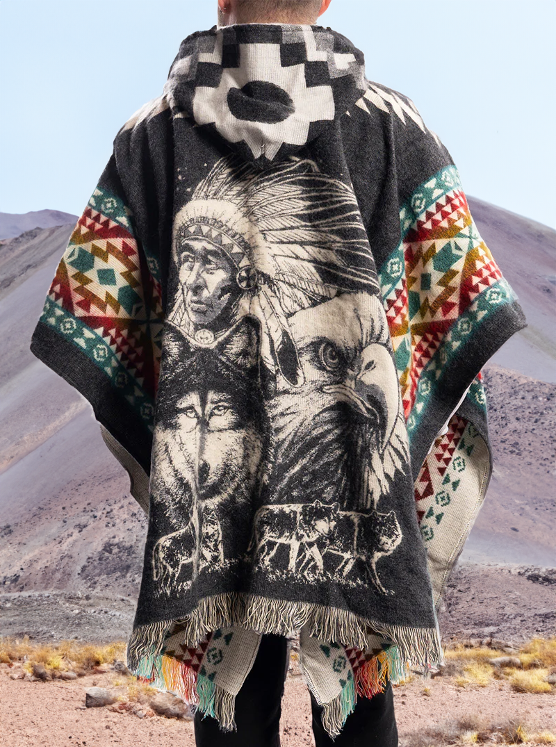 Mexican Poncho for Men Black and Colors Aztek Style Gamboa