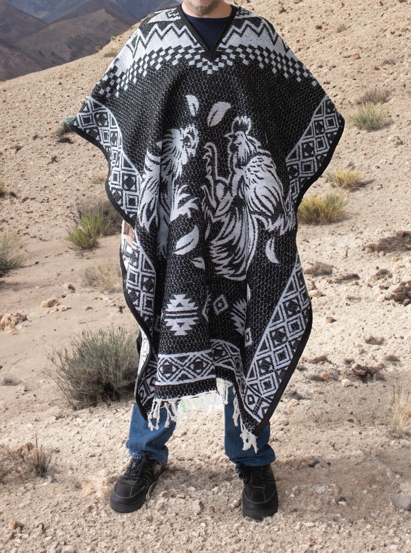 Mexican Alpaca Poncho for Men - Roosters Facing - BLACK