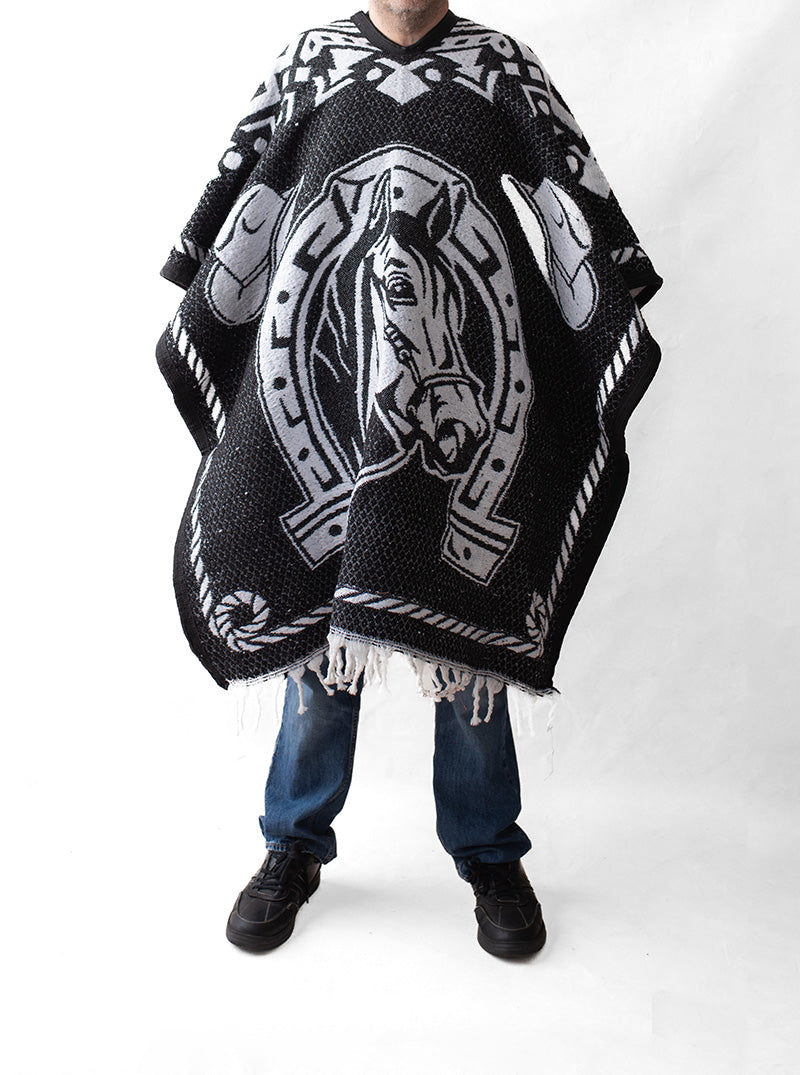 Men's Mexican Poncho - Two Horses - BLACK