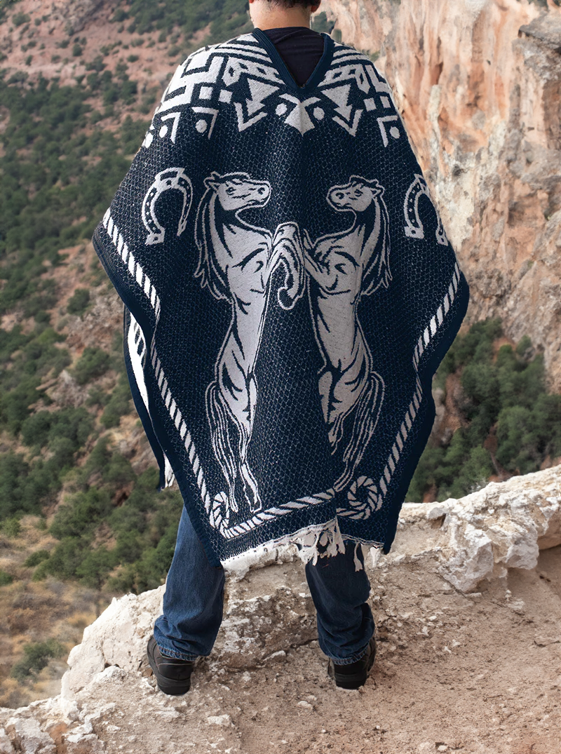 Men's Mexican Poncho - Two Horses - BLUE