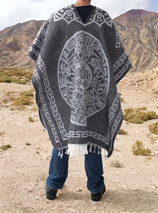 Mexican Poncho for Men - Aztek Calendar - GREY