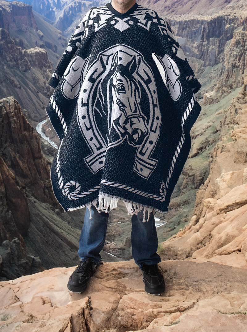 Men's Mexican Poncho - Two Horses - BLUE