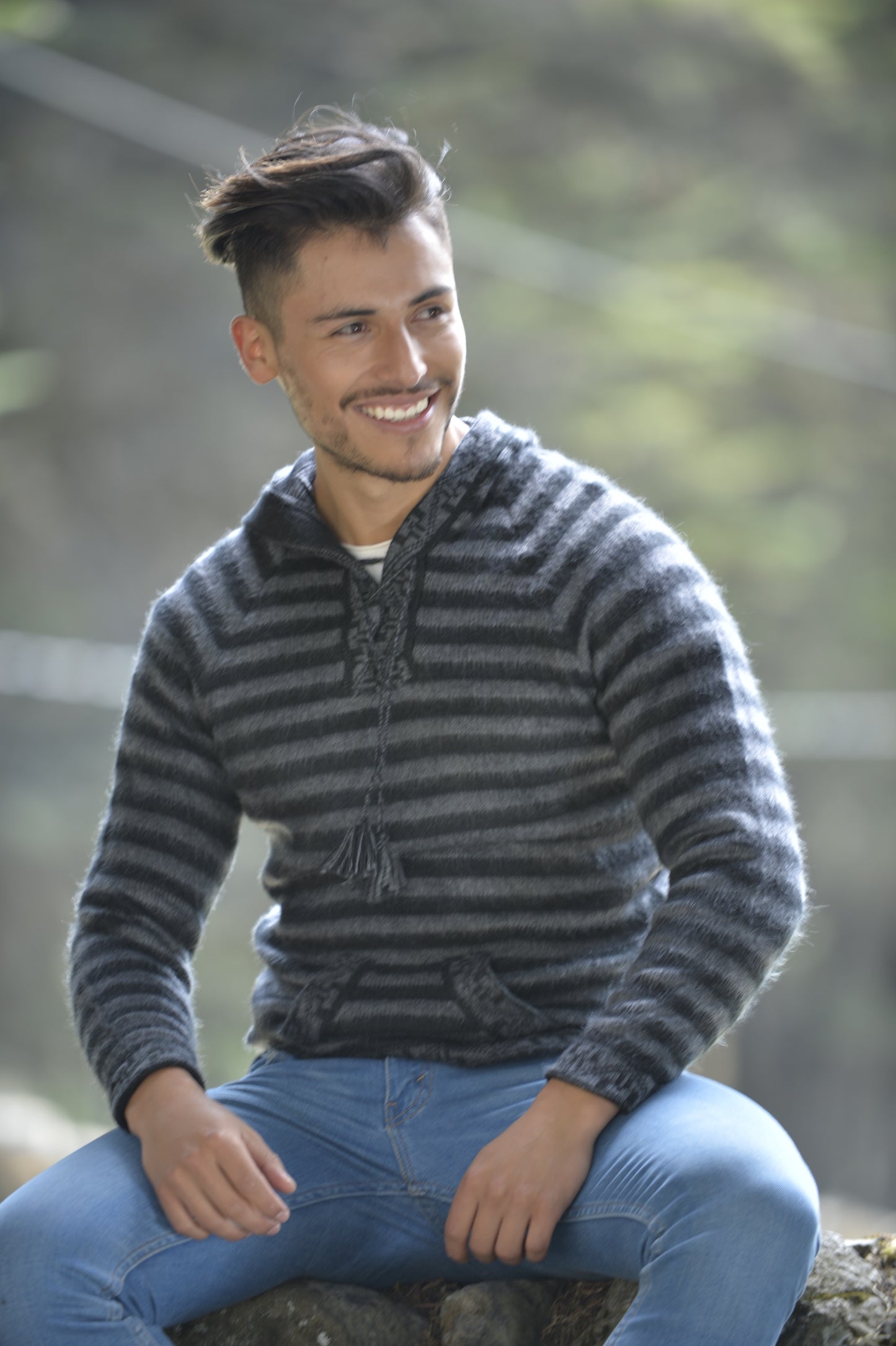 Striped Black and Gray Alpaca Sweater for Men