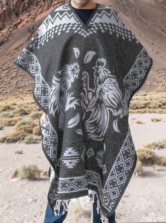 Mexican Alpaca Poncho for Men - Roosters Facing - GREY